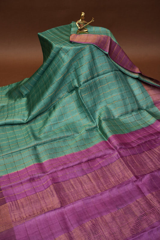 Pure Tussar Silk Saree with Handpainted Blouse-Sea Green|Silk Mark Certified