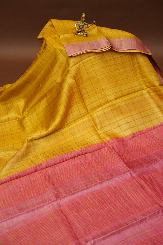 Pure Tussar Silk Saree with Handpainted Blouse-Yellow|Silk Mark Certified