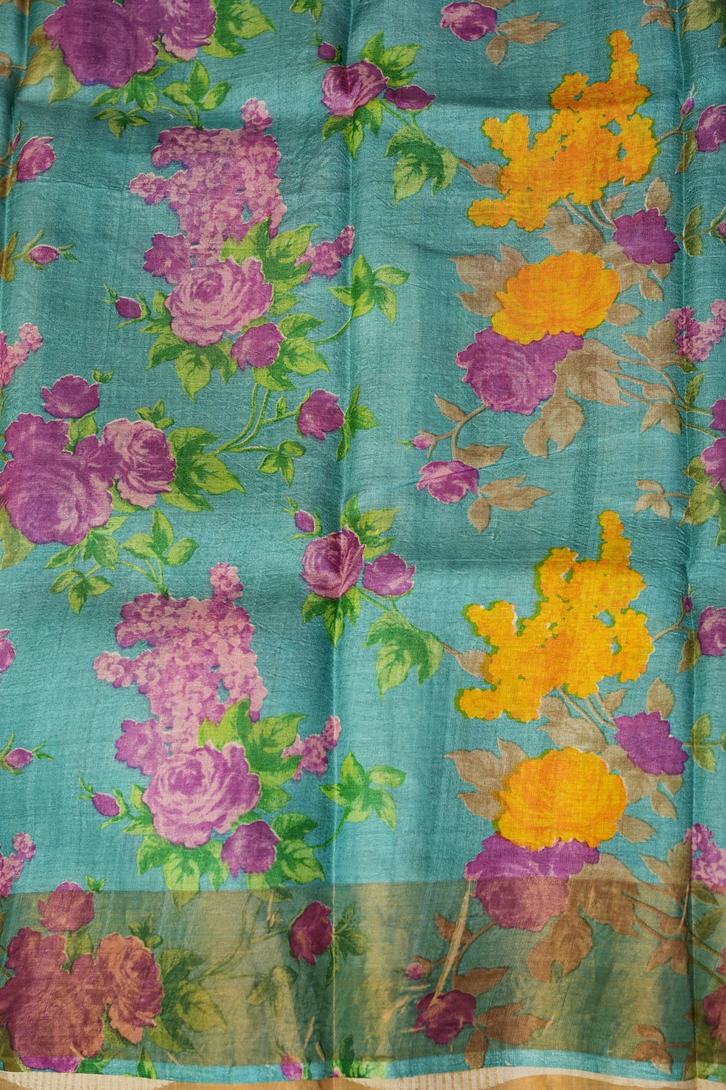 Floral Printed Pure Tussar Silk Saree-Half white|Silk Mark Certificate