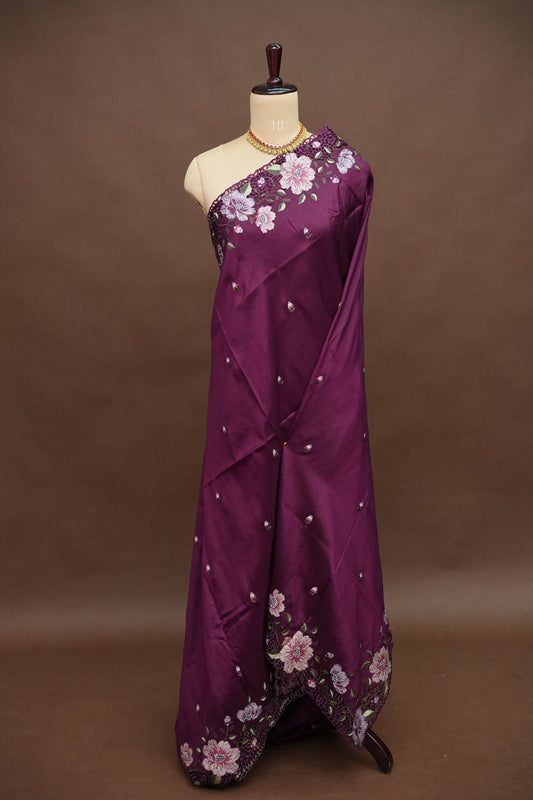 Party Wear Embroidered Soft Organza Saree β Wine Floral Elegance