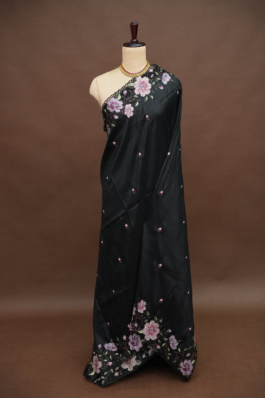 Party Wear Embroidered Soft Organza Saree β Classic Black Floral Elegance