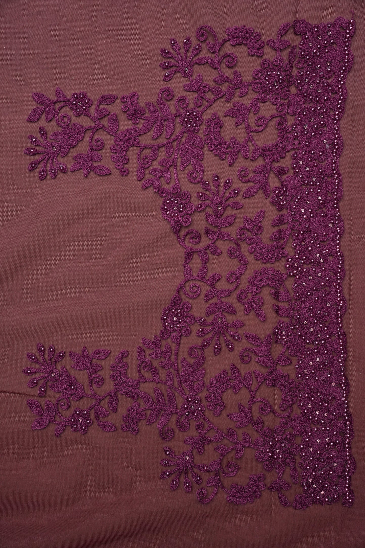 Party Wear Net Saree with Self-Tone Floral Embroidery - Deep Wine