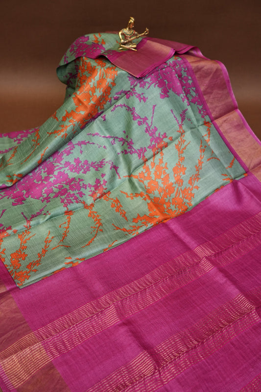 Floral Printed Pure Tussar Silk Saree-Teal Green|Silk Mark Certificate