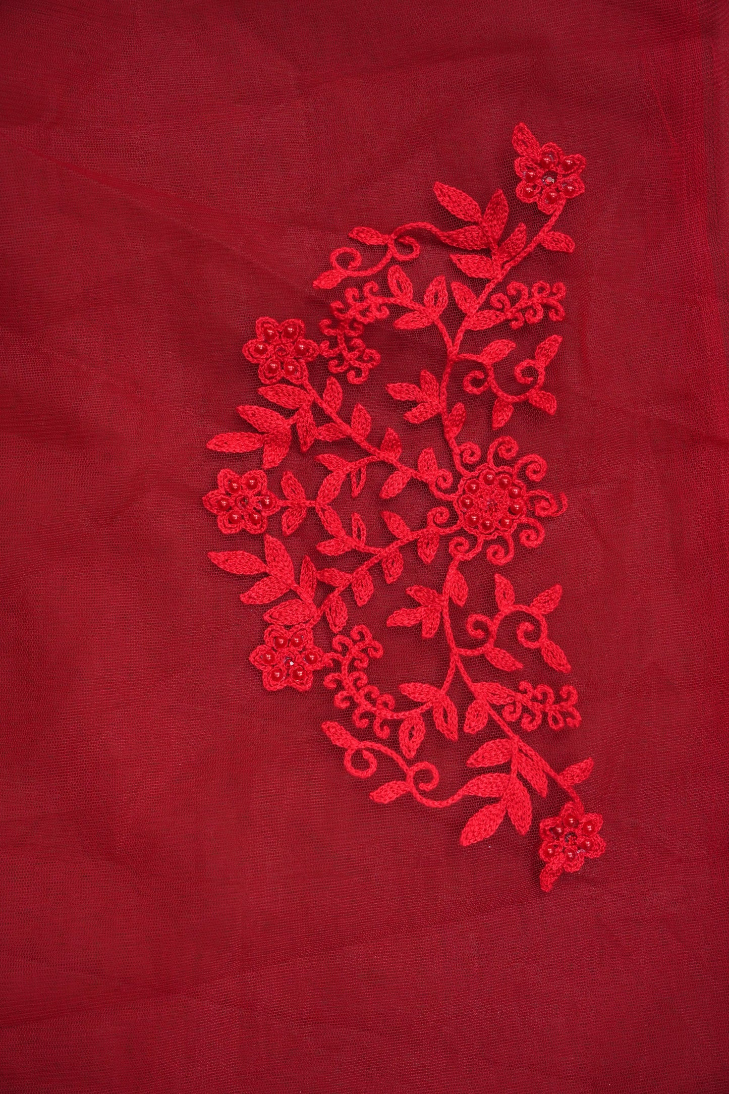Party Wear Netted Saree with Self-Tone Floral Embroidery - Scarlet Red