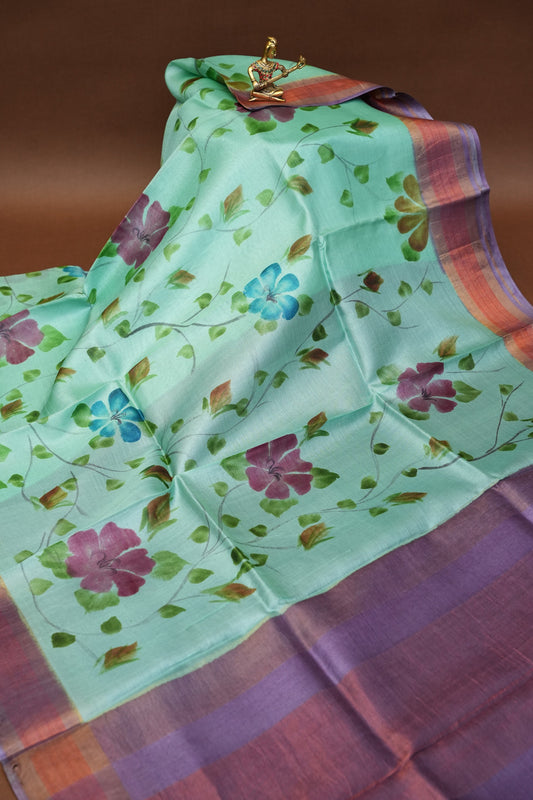 Floral Printed Pure Tussar Silk Saree-Sea Green|Silk Mark Certificate