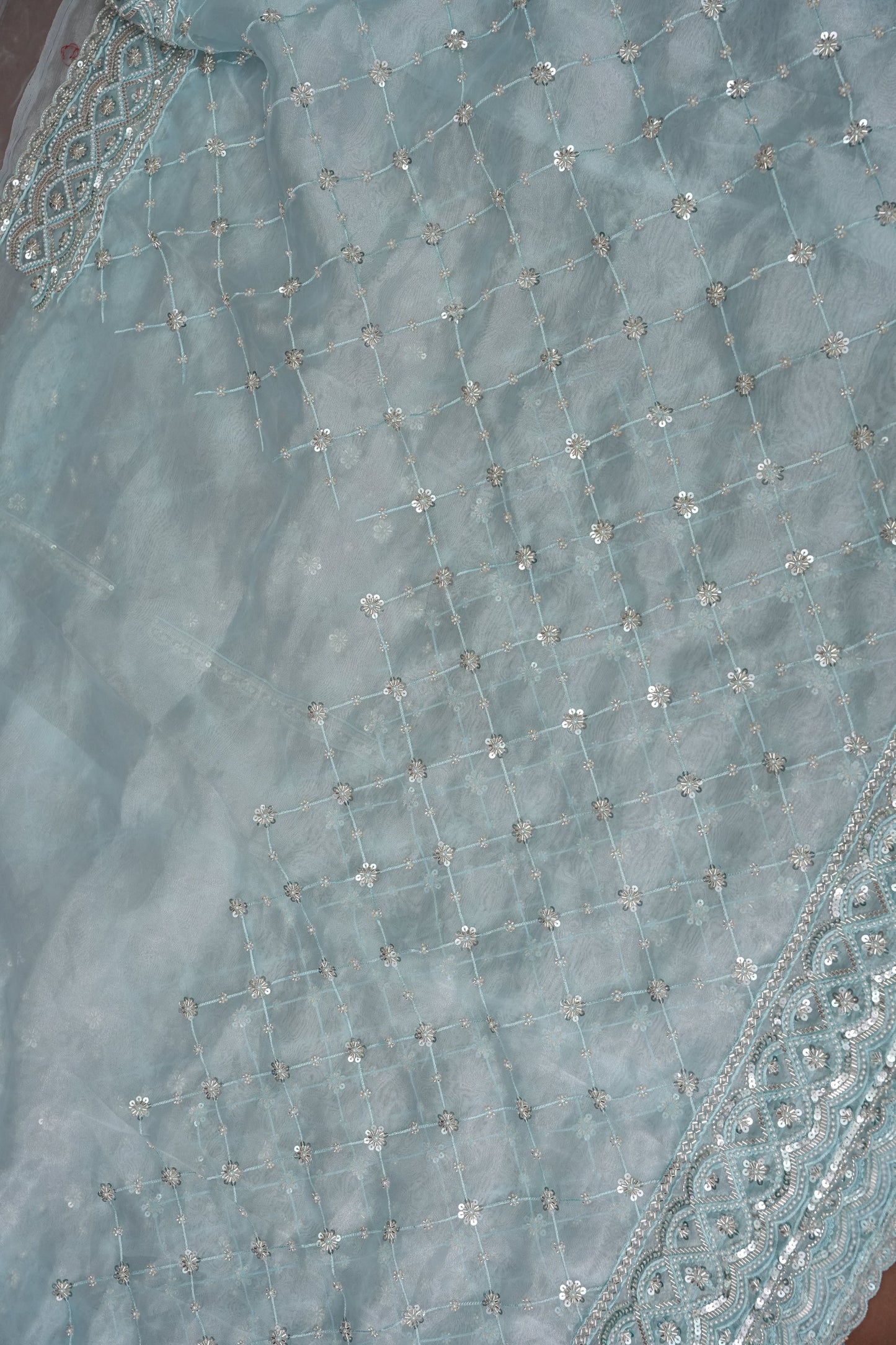 Party Wear Organza Saree with Silver Sequin Lattice - Pastel Blue