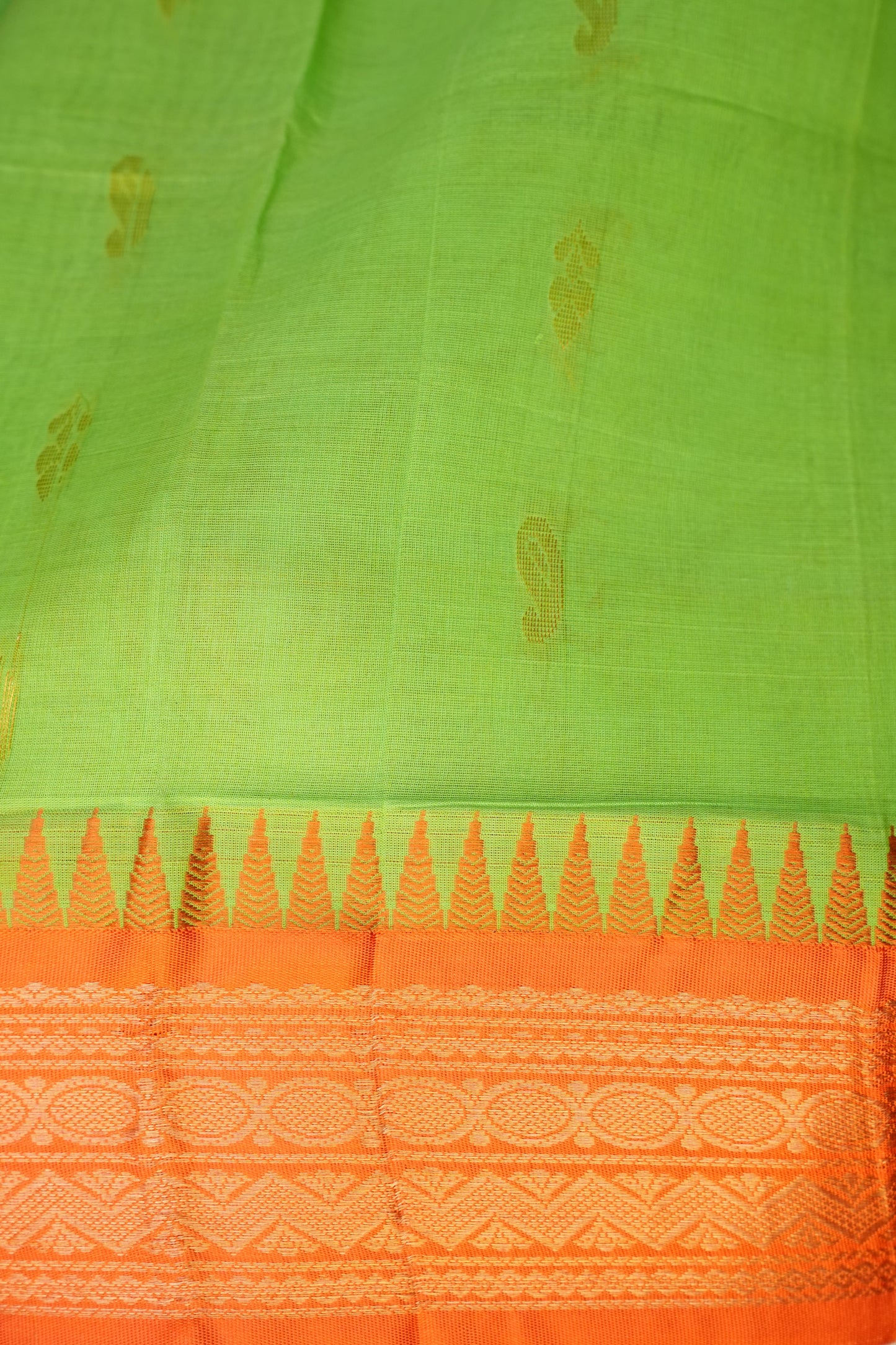 Gadwal Cotton Saree - Parrot Green & Orange