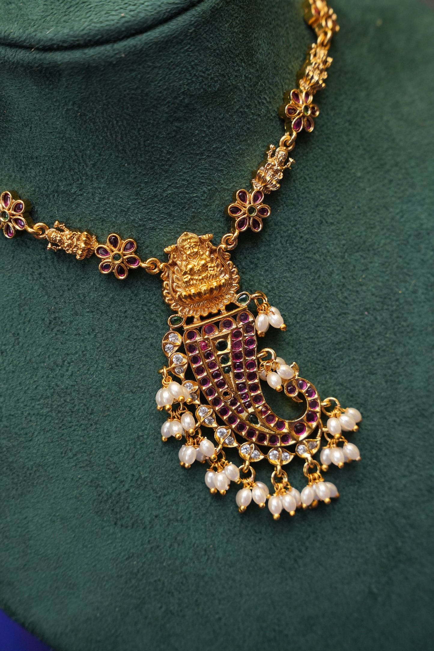 Antique Gold-Plated Lakshmi Paisley Pendant Necklace Set with Pearl Drops