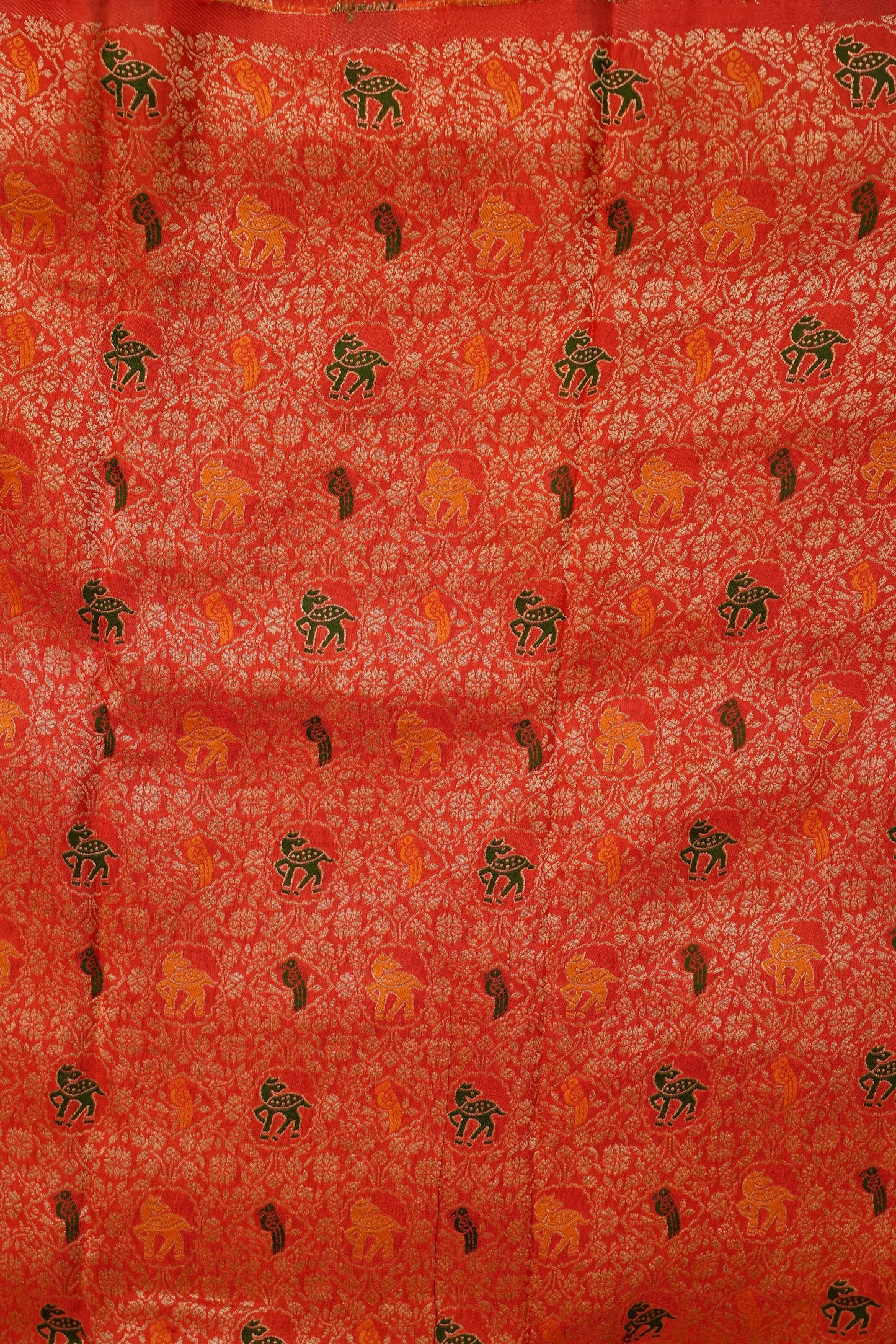 Coral Orange Crepe Silk Saree with Antique Gold Zari Border and Microchecks