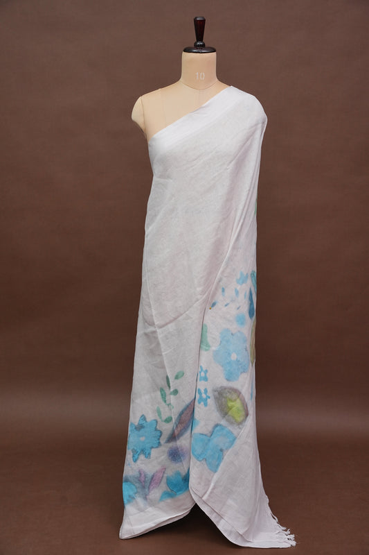 Elegant White Floral Painted Linen Cotton Saree