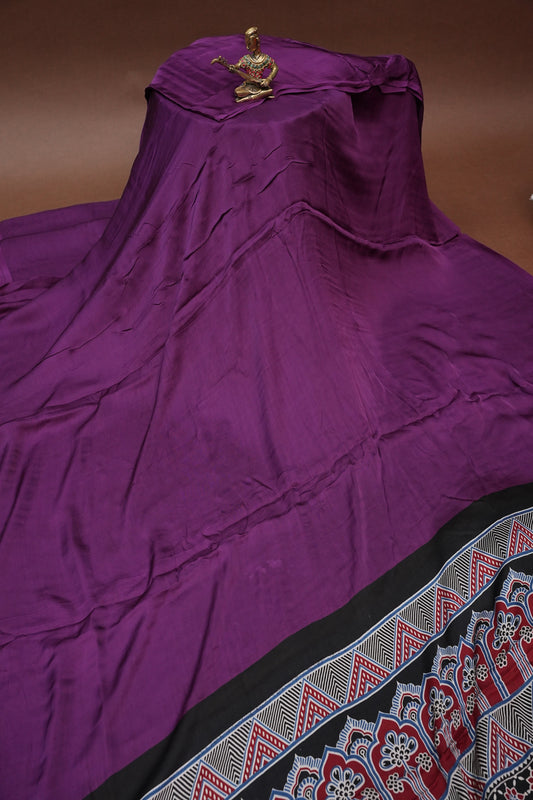 Pure Modal Silk Saree With Ajrakh Printed Pallu - Brinjal Purple