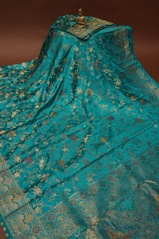 Turquoise Blue Banarasi Satin Silk Saree with Meenakari Floral Zari Weave & Rich Brocade Border