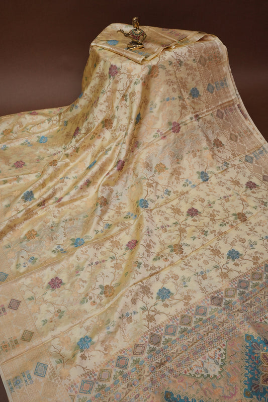 Ivory Banarasi Satin Silk Saree with Meenakari Floral Zari Weave & Heritage Brocade Pallu