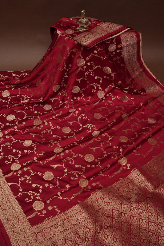 Pure Mashru Silk Saree in Deep Red with Intricate Jaal Weave