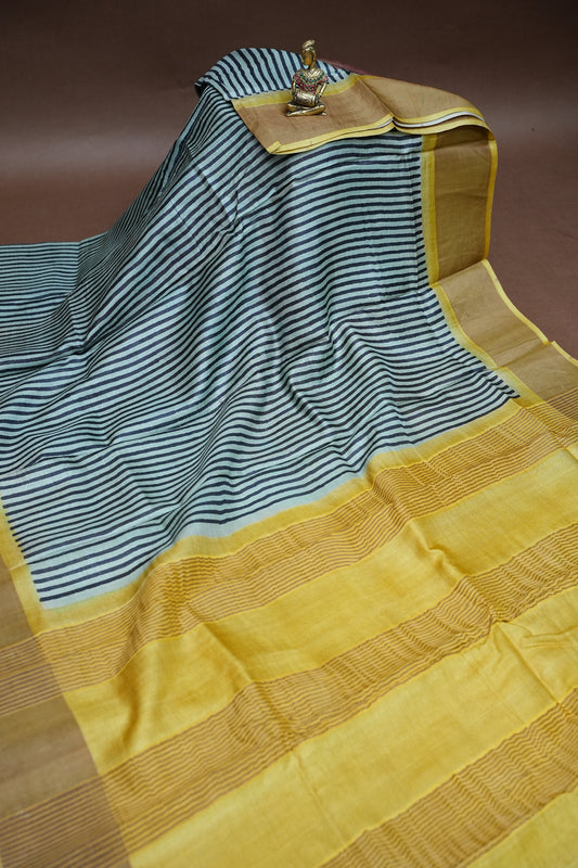 Pure Tussar Silk Saree Steel Grey with Lemon Yellow Pallu|Silk Mark Certified