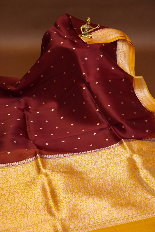 Pure Banarasi Organza (Kora) Silk Handloom Saree with Antique Gold Zari Buttas & Border – Maroon & Mustard | Silk Mark Certified