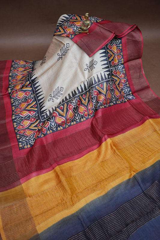 PURE TUSSAR SILK SAREE WITH PATOLA PRINTS | SILK MARK CERTIFICATE