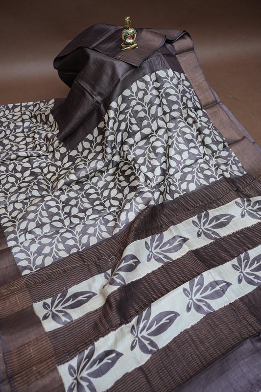 Pure Tussar Silk Saree in Choclate brown and White Floral Vines|Silk Mark Certified
