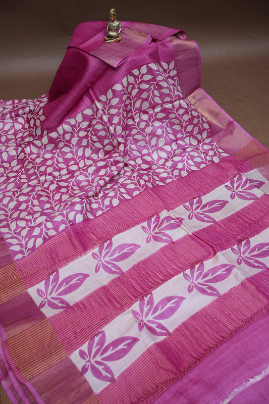 Pure Tussar Silk Saree in Magenta Pink with Leaf Vines|Silk Mark Certified