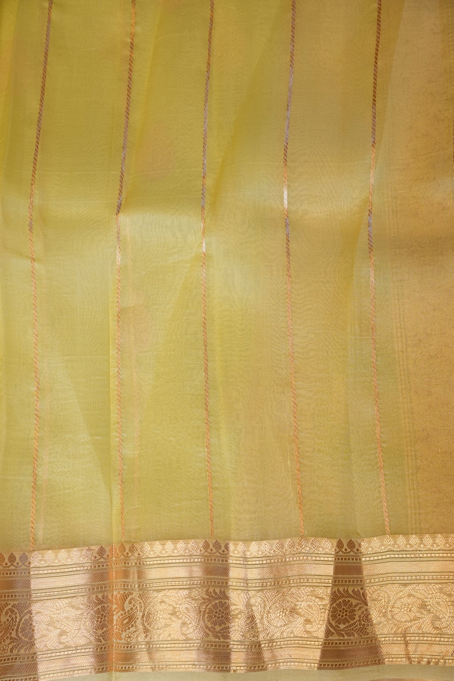 Pure Banarasi Organza(Kora) Silk Handloom Saree with Rose Gold Zari Buttas & Border – Lemon Yellow | Silk Mark Certified