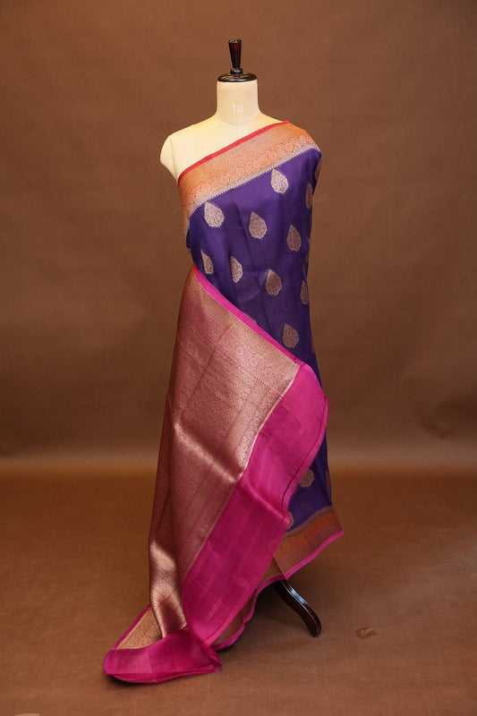 Pure Banarasi Organza(Kora) Silk Handloom Saree with Antique Zari Buttas & Border β Deep Purple & Pink | Silk Mark Certified