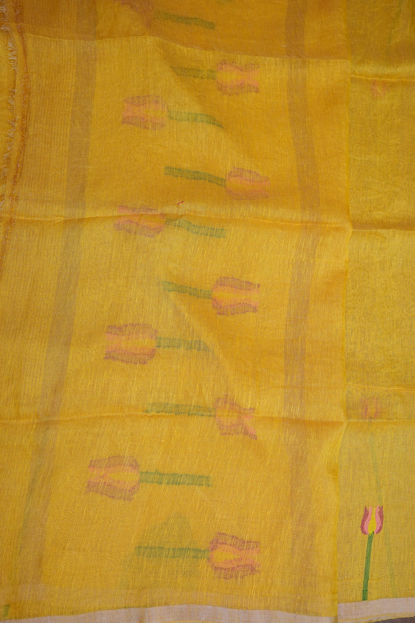 Pure Silk Linen Tissue Handwoven Jamdani Saree β Mustard Yellow with Lotus Motifs