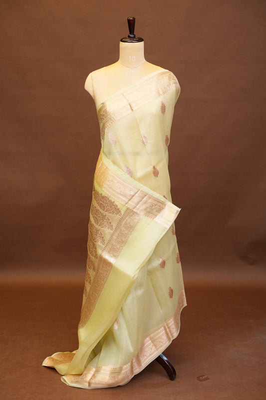 Pure Banarasi Organza(Kora) Silk Handloom Saree with Rose Gold Zari Buttas & Border β Lemon Yellow | Silk Mark Certified