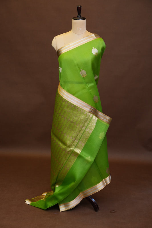 Pure Banarasi Organza(Kora) Silk Handloom Saree with Gold Zari Buttas & Border β Parrot Green | Silk Mark Certified