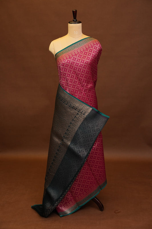 Pure Banarasi Organza(Kora) Silk Handloom Saree with Antique Zari Jaal β Deep Pink with Emerald Green Border | Silk Mark Certified