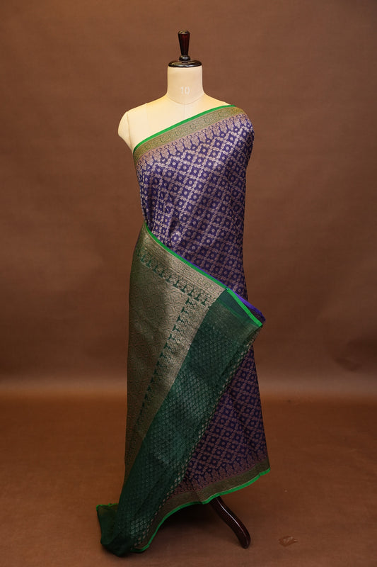 Pure Banarasi Organza(Kora) Silk Handloom Saree with Antique Zari Jaal β Navy Blue with Emerald Green Border | Silk Mark Certified