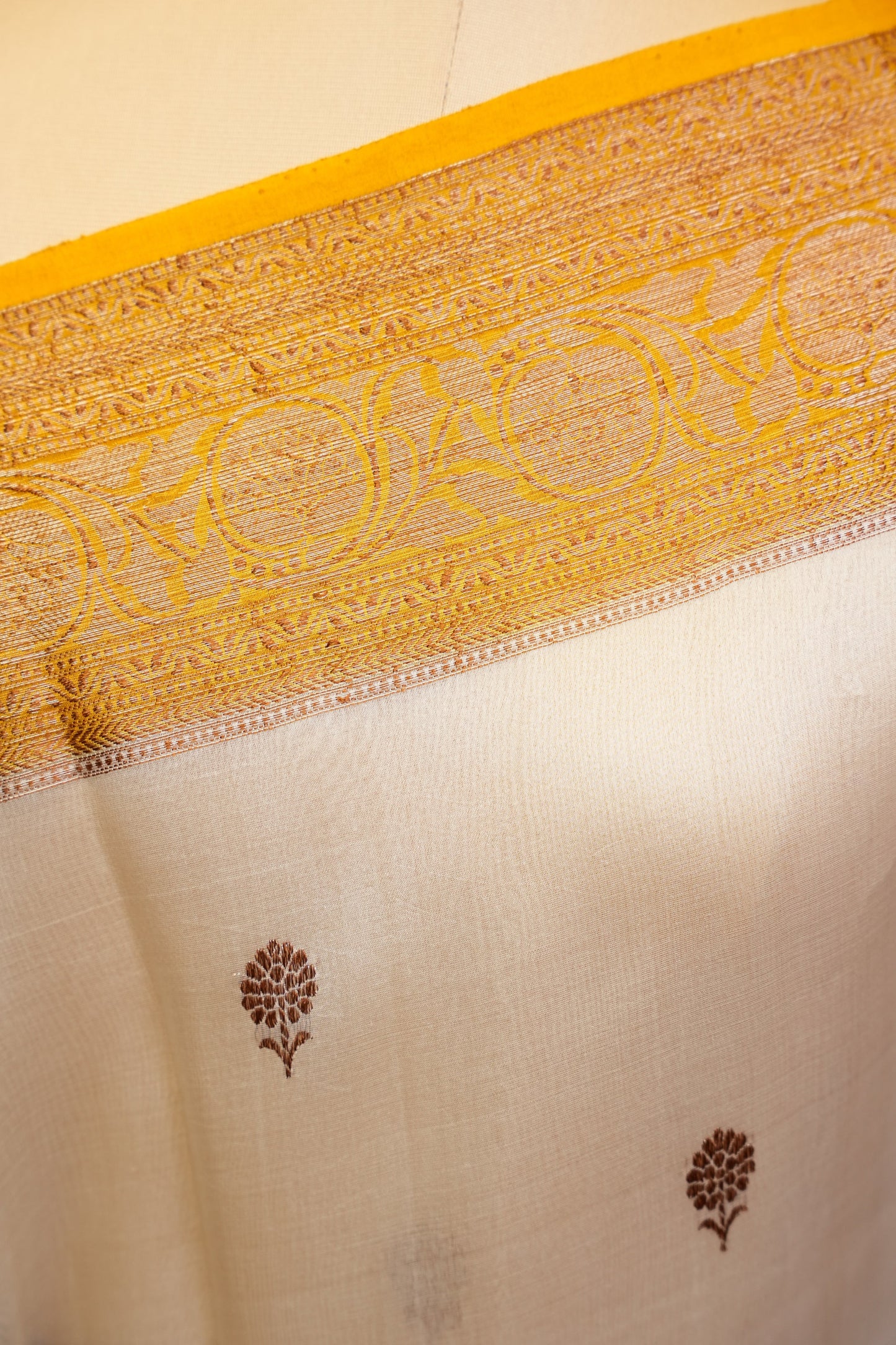 Pure Banarasi Organza(Kora) Silk Handloom Saree with Antique Gold Zari Buttas & Border – Champagne Gold & Mustard | Silk Mark Certified