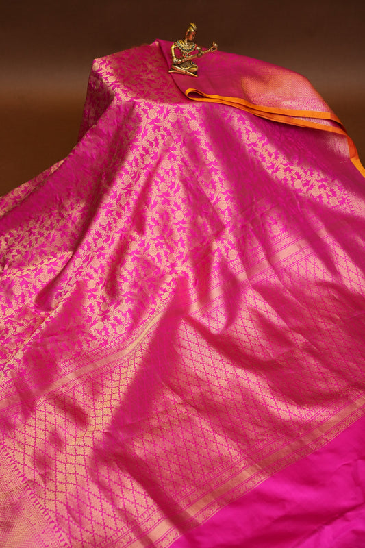 Pure Handloom Silk Katan Banaras Saree - Hot Pink|Silk Mark Certified