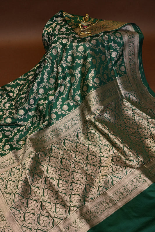 Pure Handloom Silk Katan Banaras Saree - Emerald Green|Silk Mark Certified