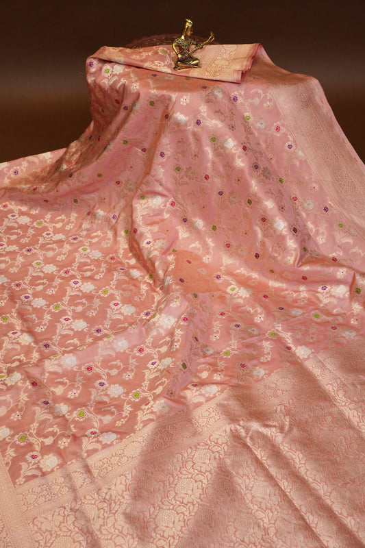 Pure Handloom Silk Katan Banaras Saree - Pinkish Peach|Silk Mark Certified