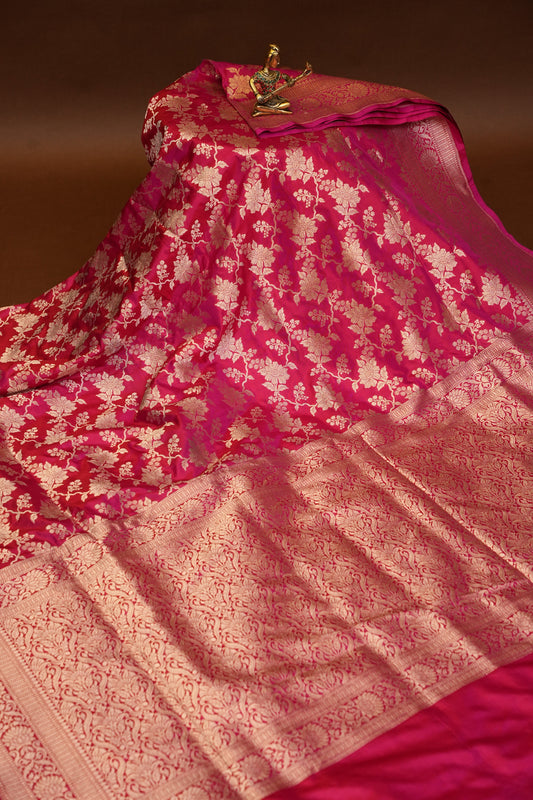 Pure Handloom Silk Katan Banaras Saree - Pink|Silk Mark Certified