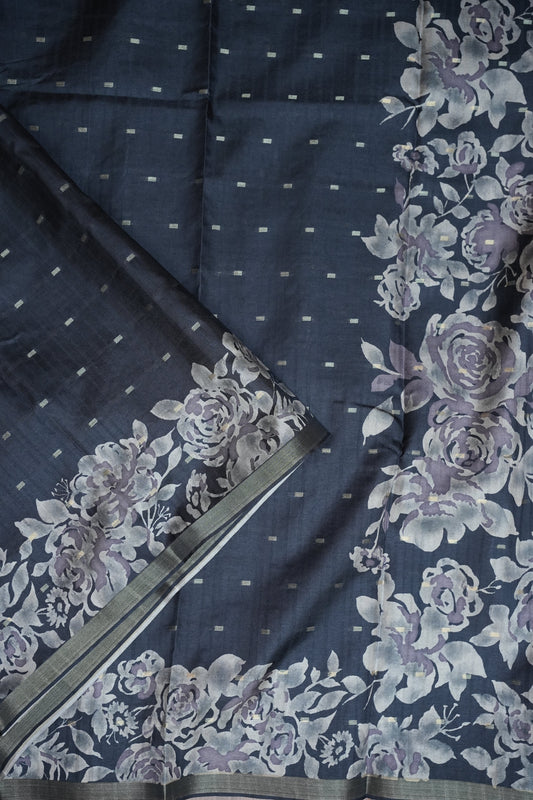 Semi Raw Silk Floral Print Saree β Grayish black