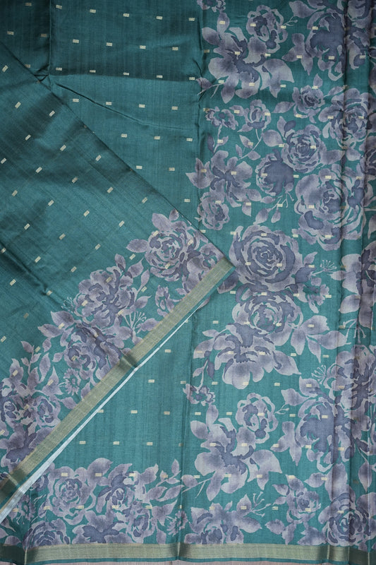 Semi Raw Silk Floral Print Saree β Rama Blue