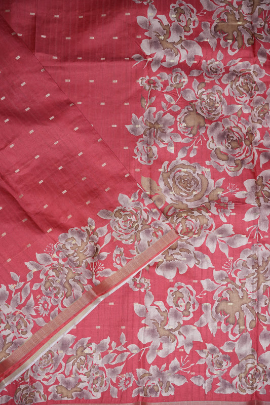Semi Raw Silk Floral Print Saree β Vermillion Orange