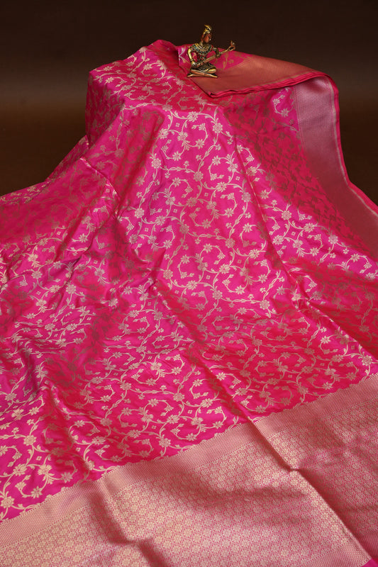 Pure Handloom Silk Katan Banaras Saree - Hot Pink|Silk Mark Certified