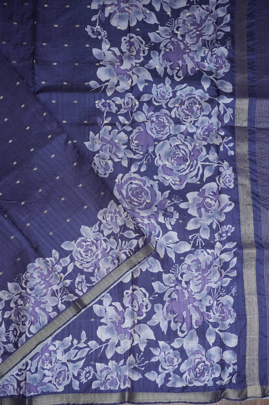 Semi Raw Silk Floral Print Saree β Midnight Blue