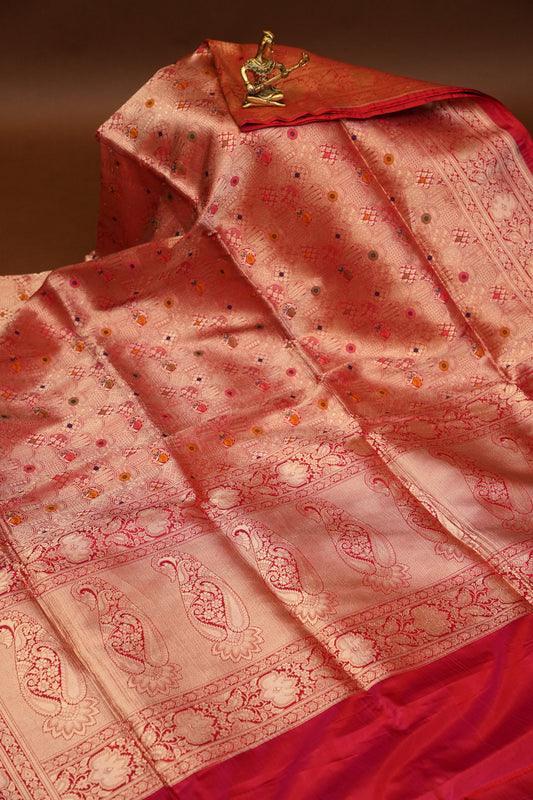 Pure Handloom Silk Katan Banaras Saree - Red|Silk Mark Certified