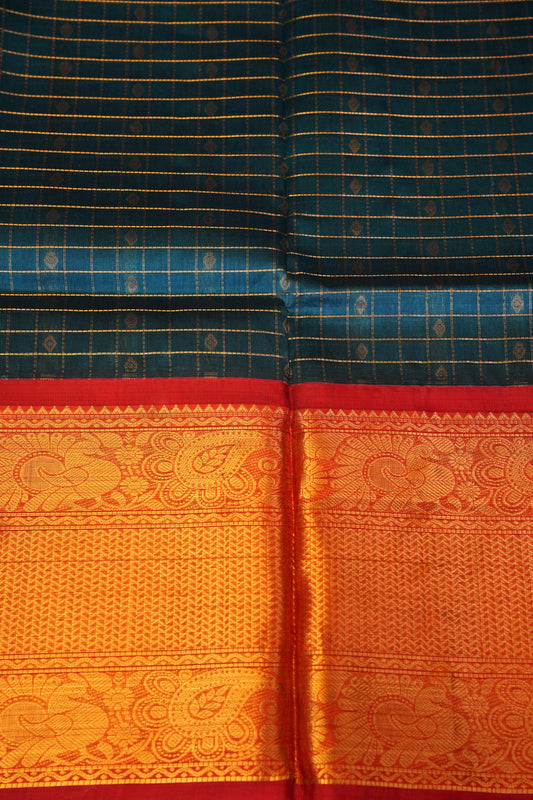 Pure Kuppadam Silk Cotton Saree - Teal Blue & Red