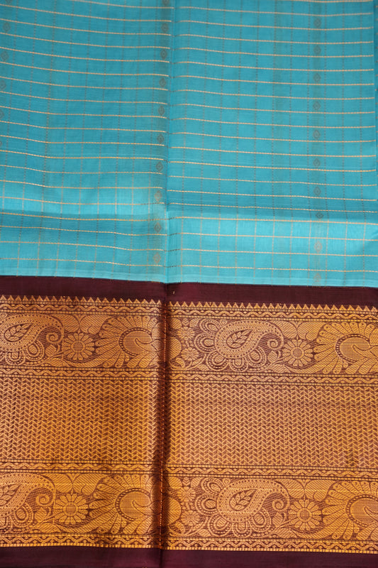 Pure Kuppadam Silk Cotton Saree - Soft Turquoise with Coffee