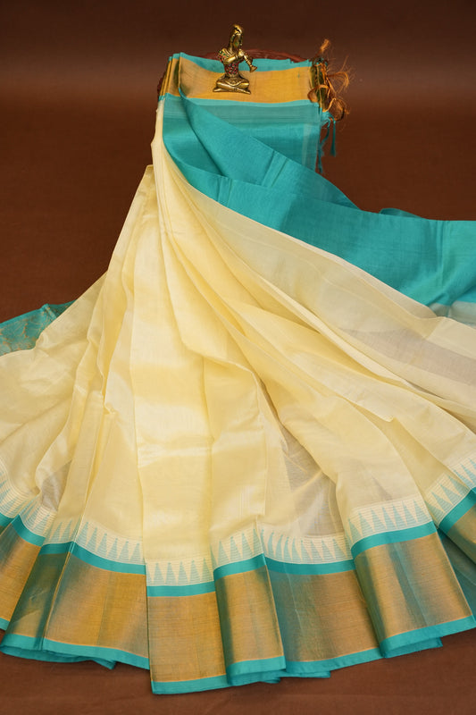 Pure Kuppadam Korvai Silk Cotton Pattu Saree-Ivory and Turquoise Green
