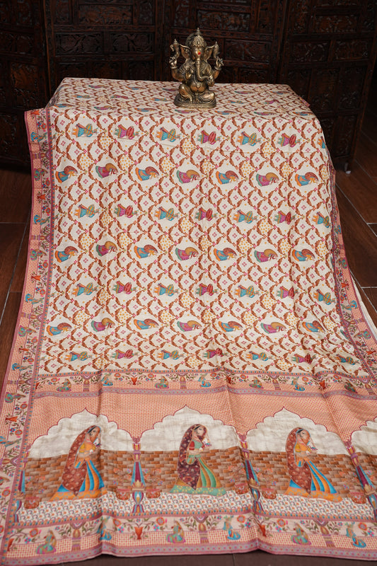 Kashmiri Pashmina Banarasi Story Telling Saree - Ivory