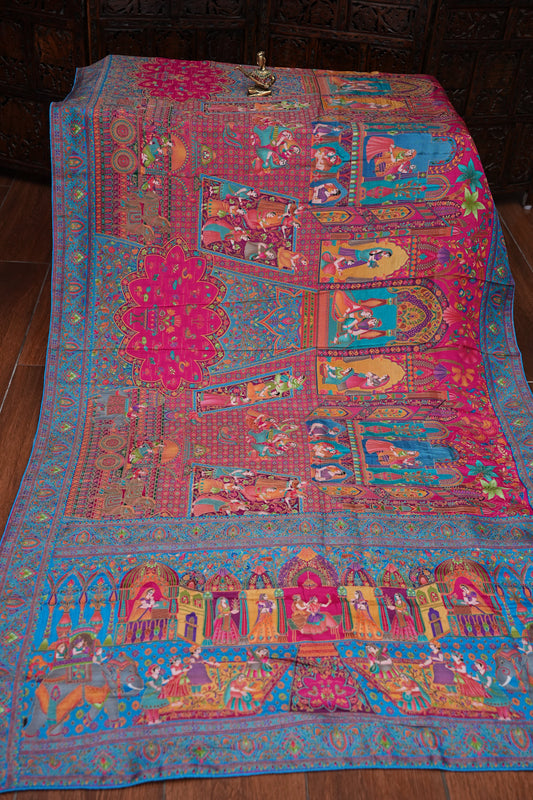 Kashmiri Pashmina Banarasi Story Telling Saree - Pink & Blue