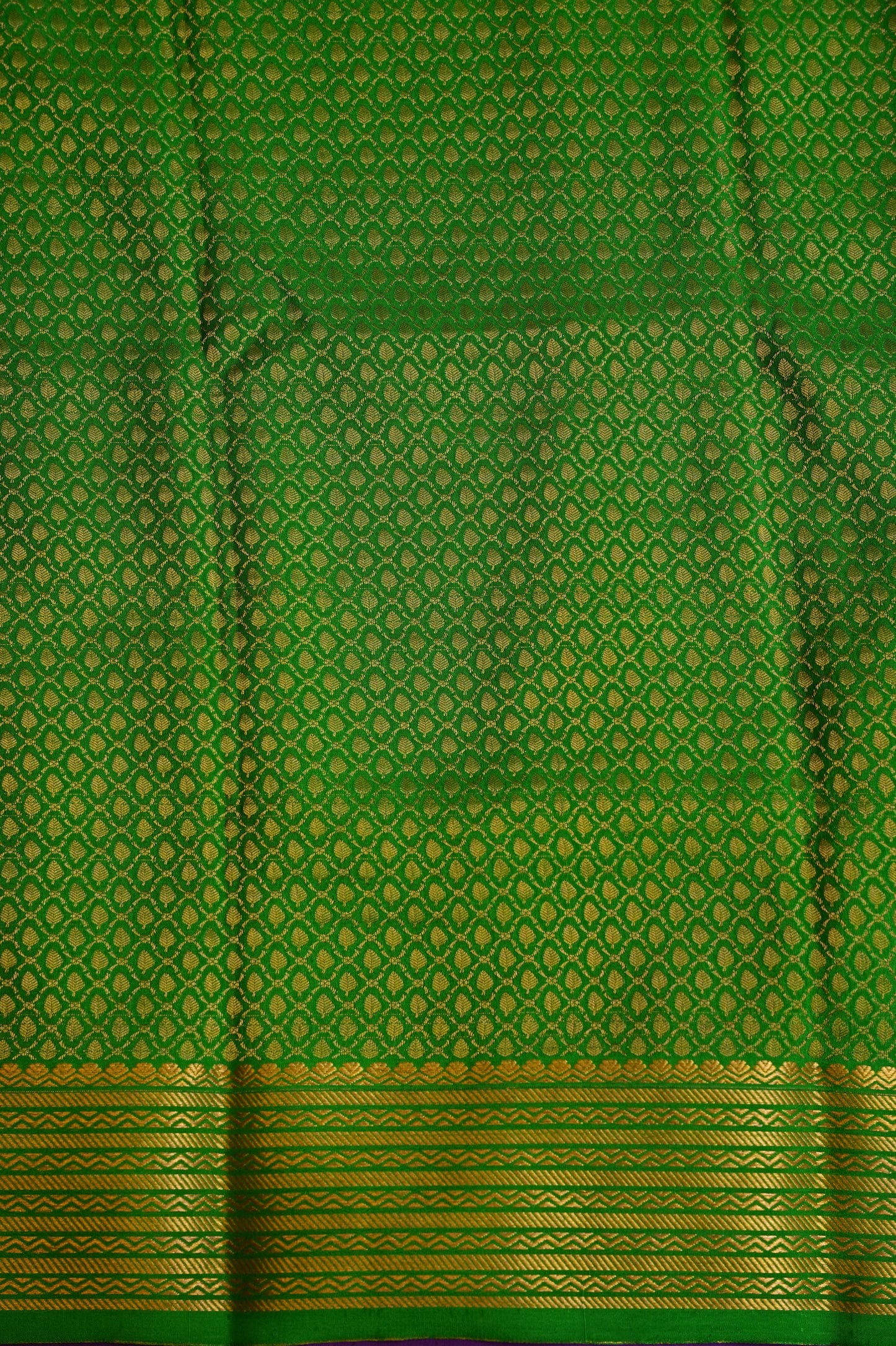Plain Pure Crepe Mysore Silk Saree in Royal Purple With Contrast Green Blouse