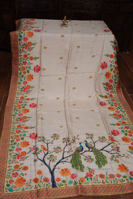 Kashmiri Pashmina Banarasi Story Telling Saree - Ivory