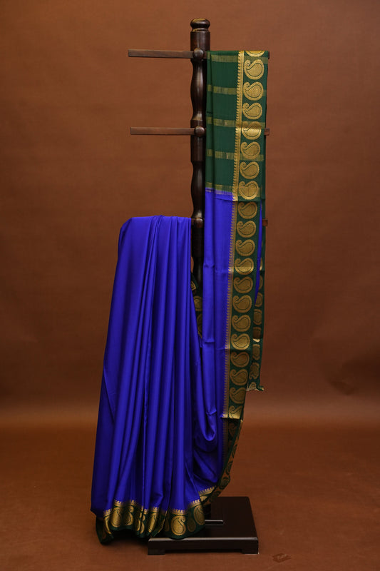 Plain Pure Crepe Mysore Silk Saree in Royal Blue With Bottle Green Blouse & Pallu