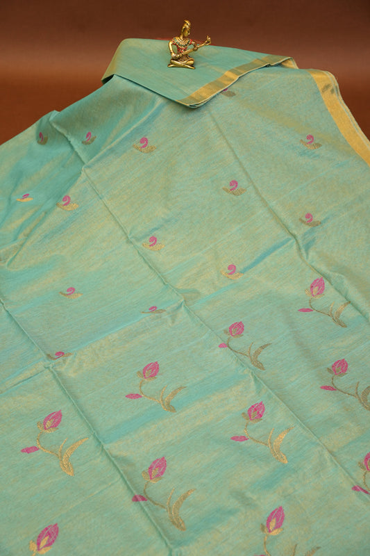 Tissue Linen Saree with Tassles - Aqua Green